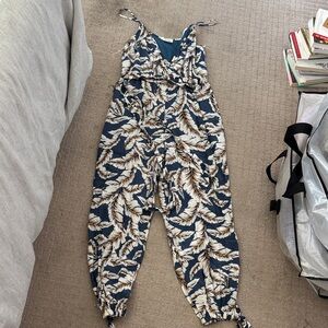 Peach Love California Feather Pattern Jumpsuit - Navy and Beige